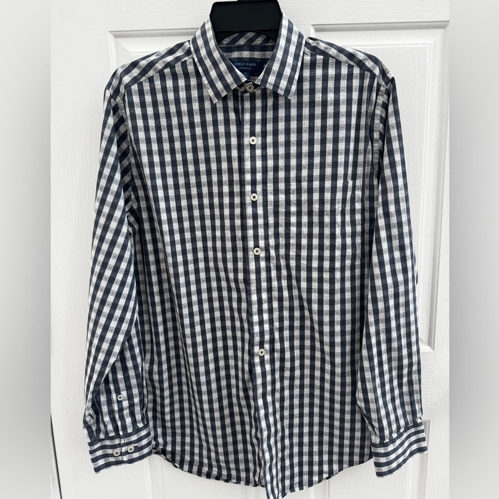 Cole Haan Men's Blue and White Gingham Long Sleeve Button Down Shirt